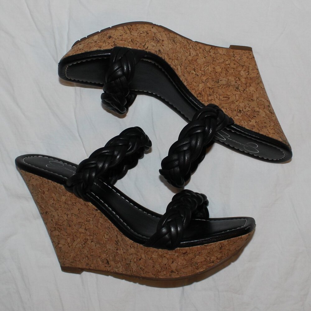 Jessica Simpson Black Leather Braided 2-Strap Cork Platform Wedge Sandals - Picture 6 of 16